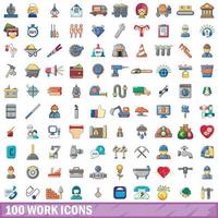 100 work icons set, cartoon style vector