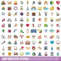 100 wealth icons set, cartoon style vector