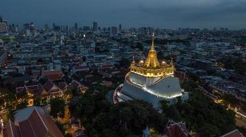 'Golden Mountain '  Wat Saket Ratcha Wora Maha Wihan popular Bangkok tourist attraction , Landmarks of bangkok Thailand .  top view photo