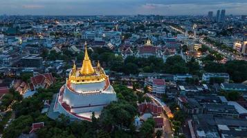 Golden Mountain  Wat Saket Ratcha Wora Maha Wihan popular Bangkok tourist attraction , Landmarks of bangkok Thailand . In the rain before , topview photo