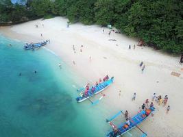 Beautiful aerial view- Fishing boats line up- Pangandaran beach-Indonesia photo