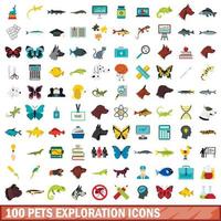 Conjunto de iconos de exploración de 100 mascotas, tipo plano vector