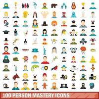 100 person mastery icons set, flat style