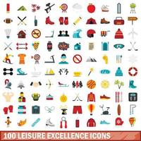 100 leisure excellence icons set, flat style vector