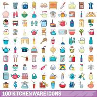 100 kitchen ware icons set, cartoon style vector