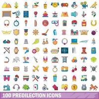 100 predilection icons set, cartoon style vector