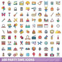 100 party time icons set, cartoon style vector