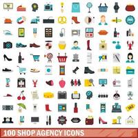 100 conjunto de iconos de agencia de tiendas, estilo plano vector