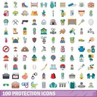 100 iconos de protección, estilo de dibujos animados vector