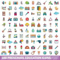 100 iconos de educación preescolar, estilo de dibujos animados vector