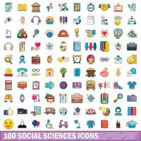 100 iconos de ciencias sociales, estilo de dibujos animados vector