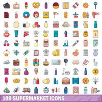 100 iconos de supermercado, estilo de dibujos animados vector