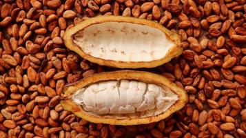 Cocoa pods that have been peeled and visible white fruit seeds on a background of dry cocoa beans ready to be processed into chocolate. photo