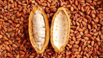 Cocoa pods that have been peeled and visible white fruit seeds on a background of dry cocoa beans ready to be processed into chocolate. photo