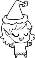 dibujo de línea feliz de una niña elfa con sombrero de santa vector
