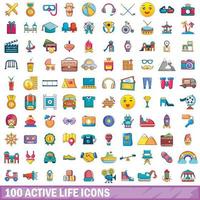 100 active life icons set, cartoon style vector