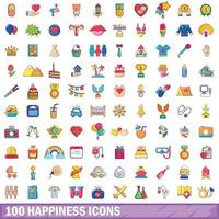 100 happiness icons set, cartoon style vector