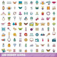 100 iconos de hobby, estilo de dibujos animados vector
