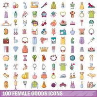 100 female goods icons set, cartoon style