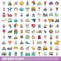 100 kids icons set, cartoon style