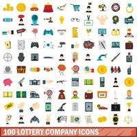 100 lottery company icons set, flat style