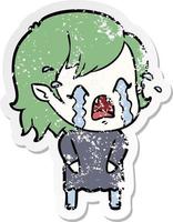 distressed sticker of a cartoon crying vampire girl vector