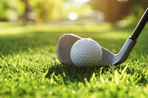 closeup golf club and golf ball on green grass wiht sunset photo