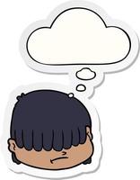cartoon face with hair over eyes and thought bubble as a printed sticker vector