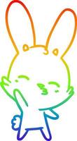 rainbow gradient line drawing curious waving bunny cartoon vector