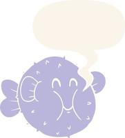 cartoon puffer fish and speech bubble in retro style vector