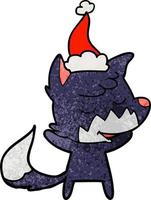 friendly textured cartoon of a fox wearing santa hat vector