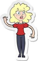 pegatina de una mujer preocupada de dibujos animados saludando vector
