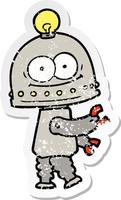 distressed sticker of a happy carton robot with light bulb vector