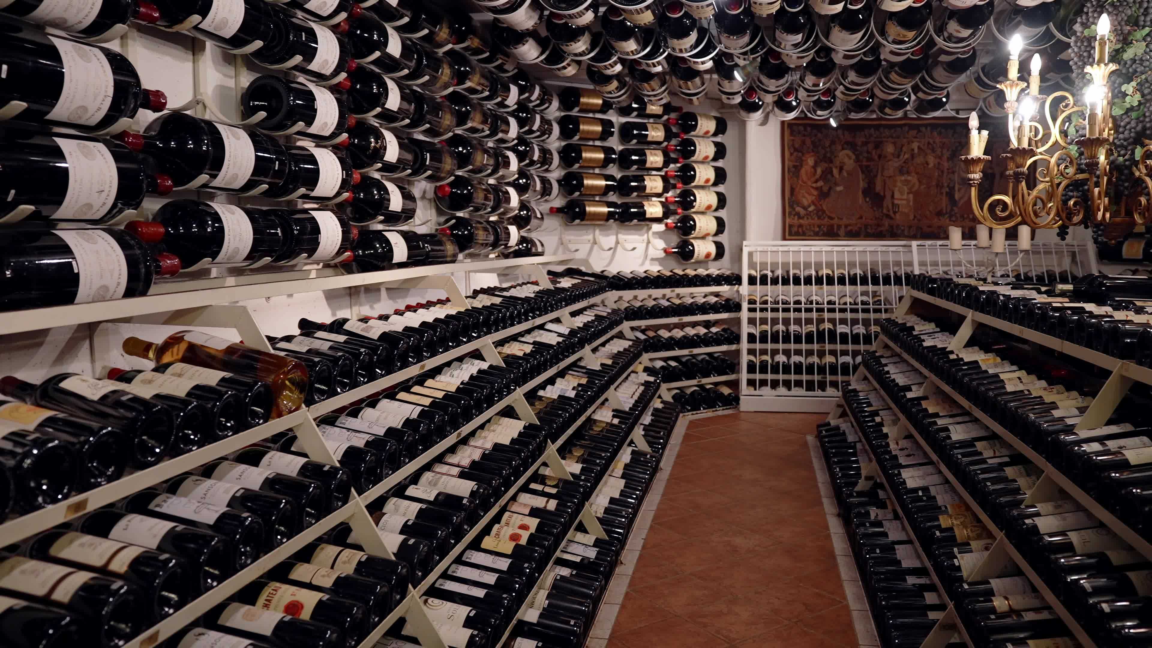 Wine bottles with shot glasses in a bunker in modern wine store