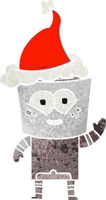 happy retro cartoon of a robot waving hello wearing santa hat