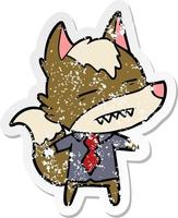 distressed sticker of a cartoon office wolf showing teeth vector