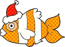 comic book style illustration of a exotic fish wearing santa hat vector