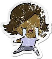 distressed sticker of a cartoon girl crying vector