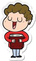 sticker of a laughing cartoon man with book vector