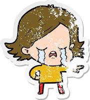 distressed sticker of a cartoon girl crying and pointing vector