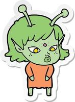 sticker of a pretty cartoon alien girl vector