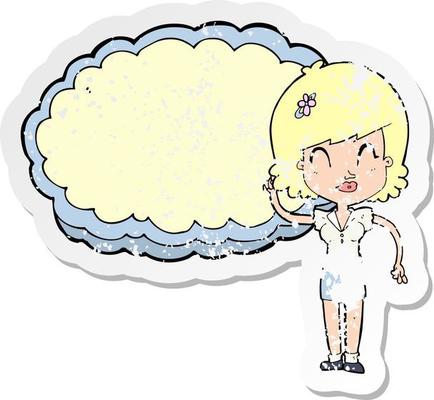 retro distressed sticker of a cartoon woman with cloud text space