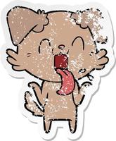 distressed sticker of a cartoon panting dog shrugging shoulders vector