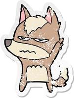 distressed sticker of a cartoon annoyed wolf vector