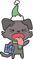 line drawing of a disgusted dog with christmas gift wearing santa hat vector