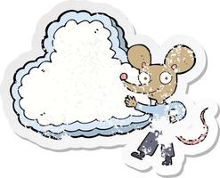 pegatina retro angustiada de un ratón de dibujos animados con espacio de texto en la nube vector