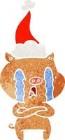 crying pig retro cartoon of a wearing santa hat vector