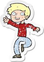 retro distressed sticker of a cartoon excited boy dancing vector