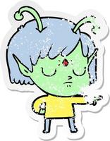 distressed sticker of a cartoon alien girl vector