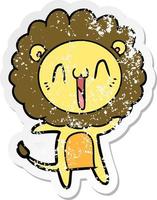 distressed sticker of a happy cartoon lion vector